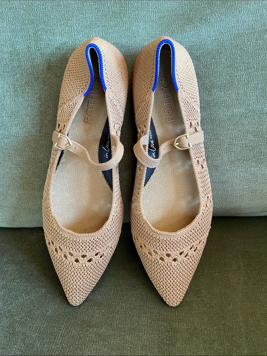 Rothy's Shoes - Rothy's Pointed Mary Jane Flats in Caramel Tan with Blue Trim